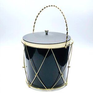 Vintage 60s THERMOS Drum Ice Bucket: Black Insulated Container - Gold Tone Caddy